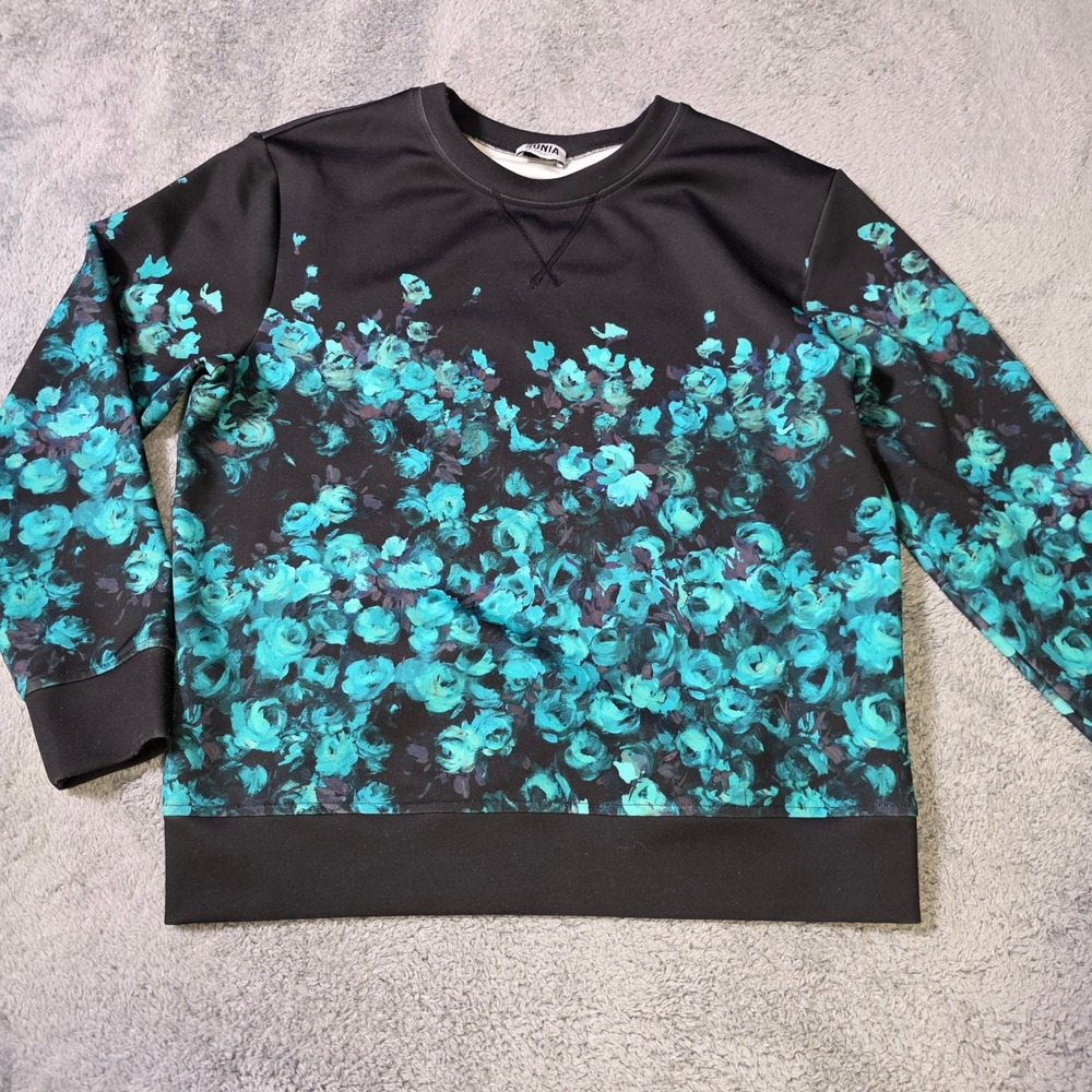 Sonia by Sonia Rykiel Womens 40 Sweatshirt Black Teal Floral Rose Print Pullover